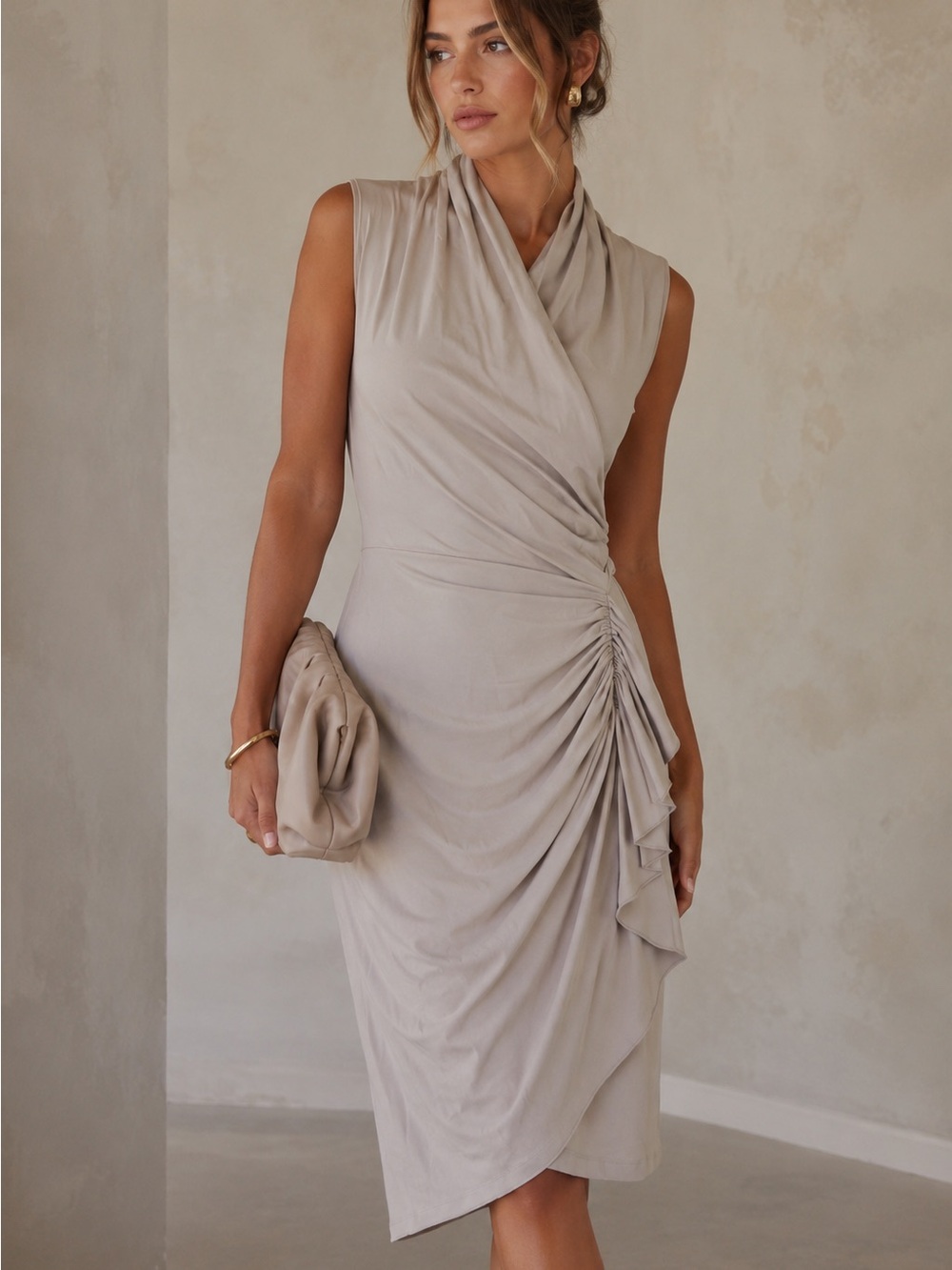 The Swiss Label | Taupe Faux Wrap Dress European Travel Ready EU 40 US 8